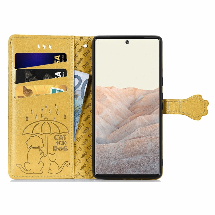 For Google Pixel 6 Cat and Dog Embossed Horizontal Flip Phone Leather Case with Holder & Card Slot & Wallet & Lanyard