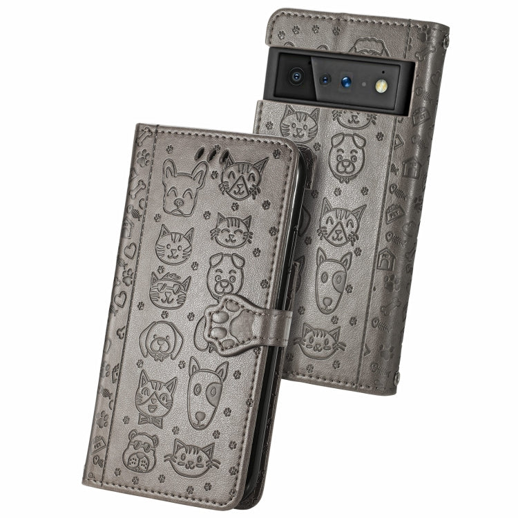 For Google Pixel 6 Cat and Dog Embossed Horizontal Flip Phone Leather Case with Holder & Card Slot & Wallet & Lanyard