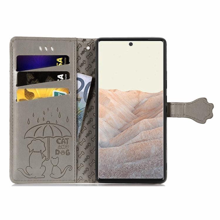 For Google Pixel 6 Cat and Dog Embossed Horizontal Flip Phone Leather Case with Holder & Card Slot & Wallet & Lanyard