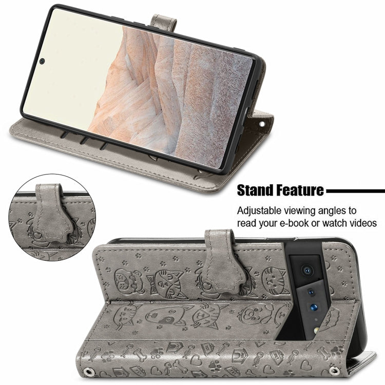 For Google Pixel 6 Cat and Dog Embossed Horizontal Flip Phone Leather Case with Holder & Card Slot & Wallet & Lanyard