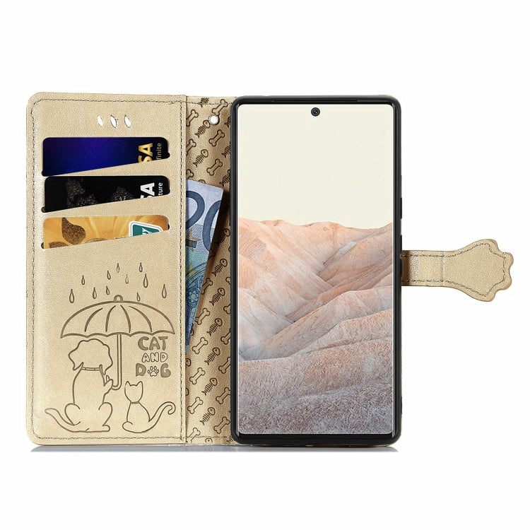 For Google Pixel 6 Cat and Dog Embossed Horizontal Flip Phone Leather Case with Holder & Card Slot & Wallet & Lanyard