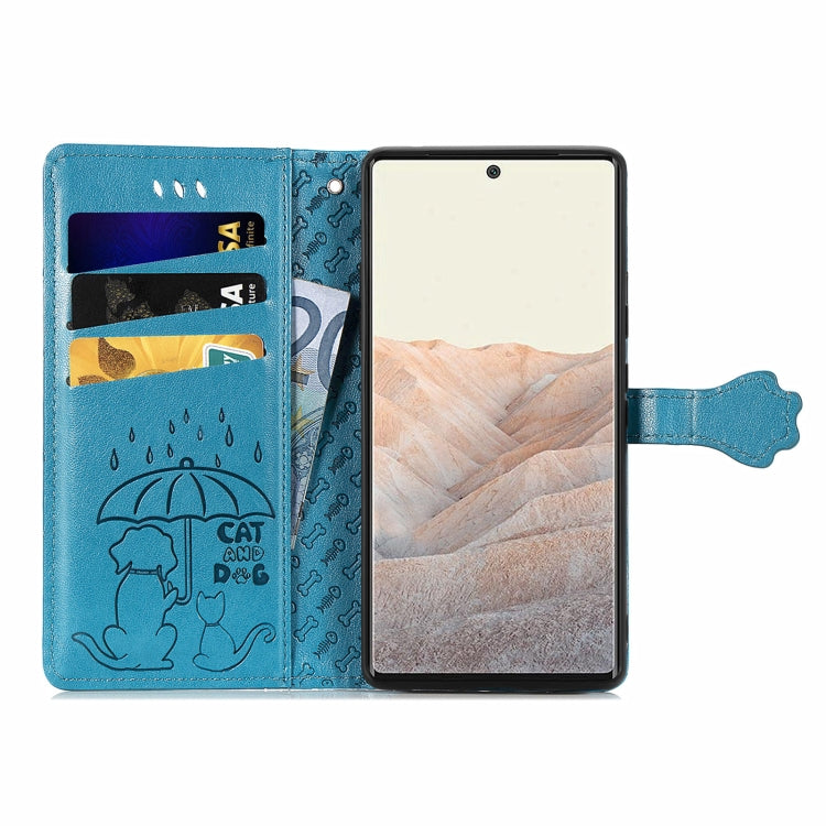 For Google Pixel 6 Cat and Dog Embossed Horizontal Flip Phone Leather Case with Holder & Card Slot & Wallet & Lanyard