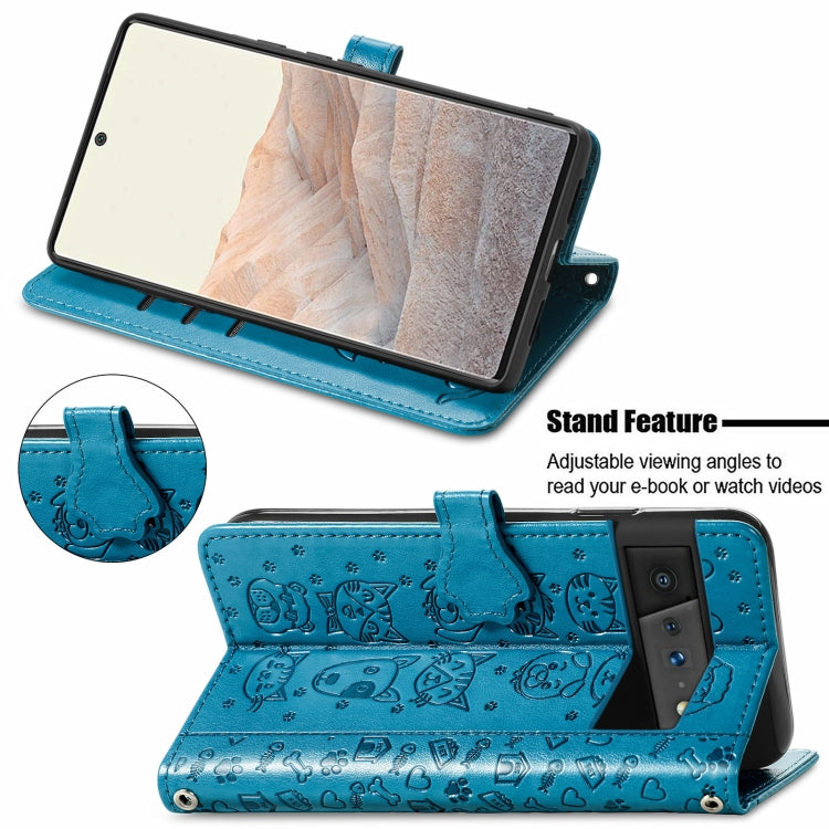 For Google Pixel 6 Cat and Dog Embossed Horizontal Flip Phone Leather Case with Holder & Card Slot & Wallet & Lanyard