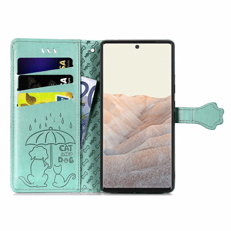 For Google Pixel 6 Cat and Dog Embossed Horizontal Flip Phone Leather Case with Holder & Card Slot & Wallet & Lanyard