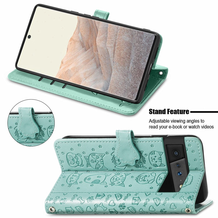 For Google Pixel 6 Cat and Dog Embossed Horizontal Flip Phone Leather Case with Holder & Card Slot & Wallet & Lanyard