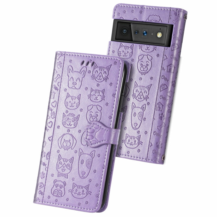 For Google Pixel 6 Cat and Dog Embossed Horizontal Flip Phone Leather Case with Holder & Card Slot & Wallet & Lanyard