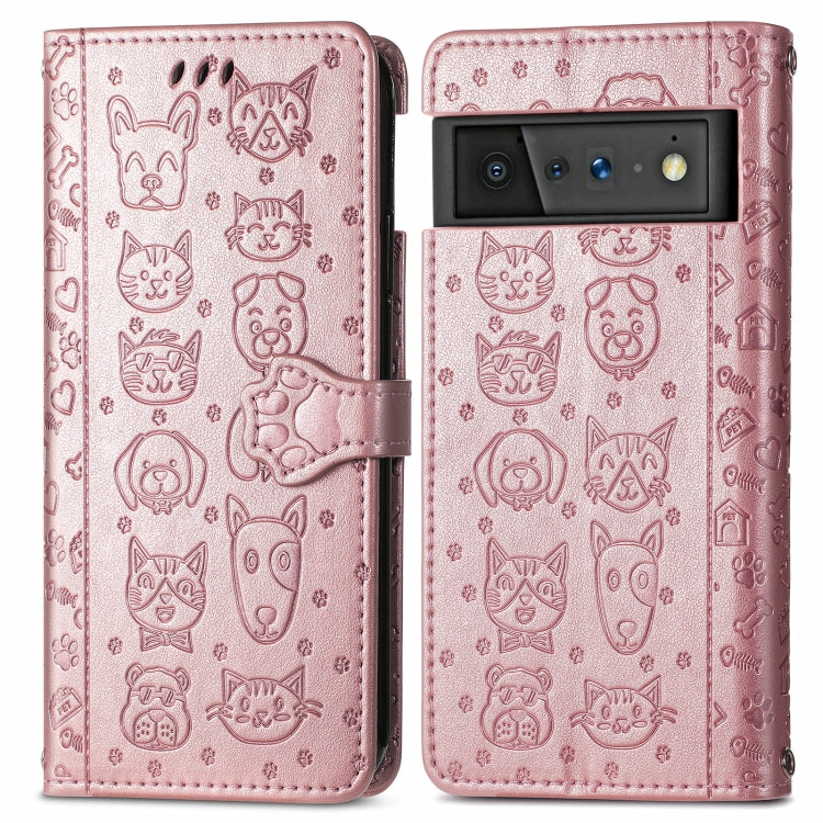 For Google Pixel 6 Cat and Dog Embossed Horizontal Flip Phone Leather Case with Holder & Card Slot & Wallet & Lanyard