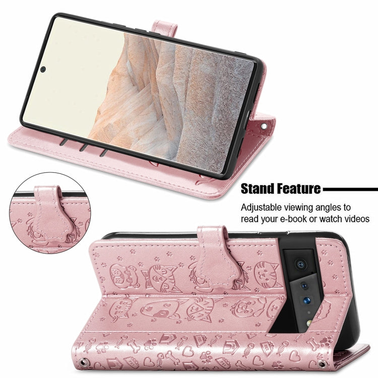 For Google Pixel 6 Cat and Dog Embossed Horizontal Flip Phone Leather Case with Holder & Card Slot & Wallet & Lanyard