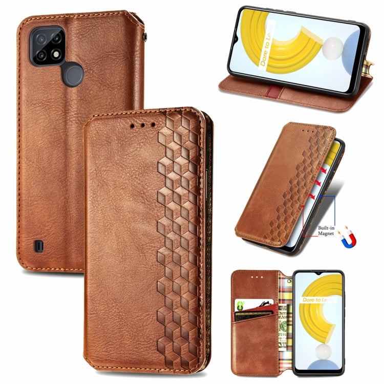 For OPPO Realme C21Y Cubic Grid Pressed Horizontal Flip Magnetic Leather Case with Holder & Card Slots & Wallet