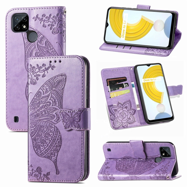 For OPPO Realme C21Y Butterfly Love Flowers Embossed Horizontal Flip Leather Case with Holder & Card Slots & Wallet & Lanyard