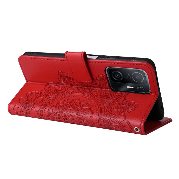 For Xiaomi 11T / 11T Pro 7-petal Flowers Embossing Horizontal Flip Leather Phone Case with Holder & Card Slots