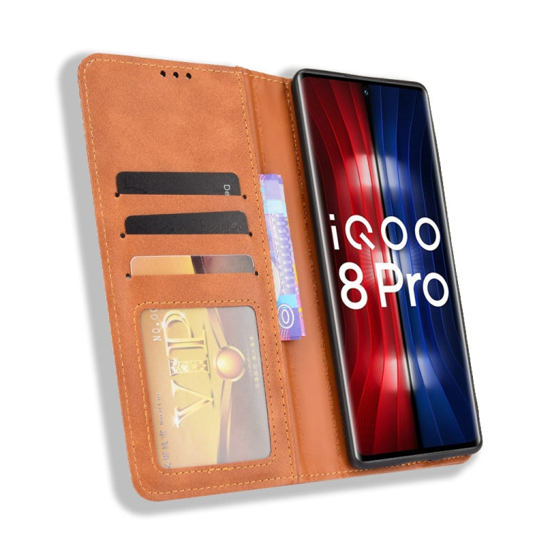 For vivo iQOO 8 Pro Magnetic Buckle Retro Crazy Horse Texture Horizontal Flip Phone Leather Case with Holder & Card Slots & Photo Frame