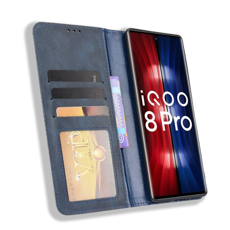 For vivo iQOO 8 Pro Magnetic Buckle Retro Crazy Horse Texture Horizontal Flip Phone Leather Case with Holder & Card Slots & Photo Frame