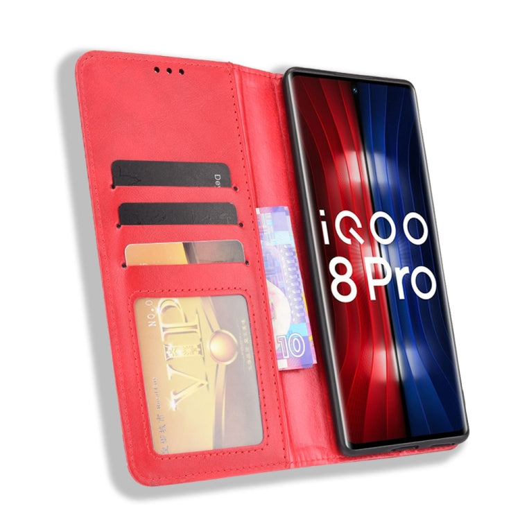 For vivo iQOO 8 Pro Magnetic Buckle Retro Crazy Horse Texture Horizontal Flip Phone Leather Case with Holder & Card Slots & Photo Frame