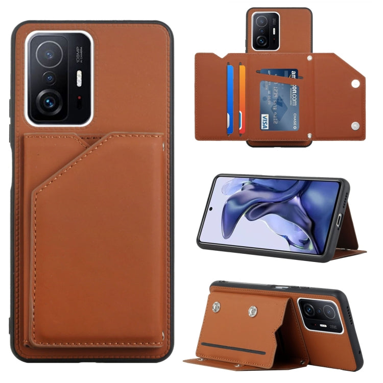 For Xiaomi Mi 11T / Mi 11 Pro Skin Feel PU + TPU + PC Back Cover Shockproof Phone Case with Card Slots & Holder & Photo Frame