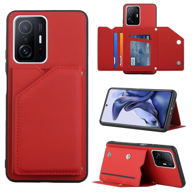 For Xiaomi Mi 11T / Mi 11 Pro Skin Feel PU + TPU + PC Back Cover Shockproof Phone Case with Card Slots & Holder & Photo Frame