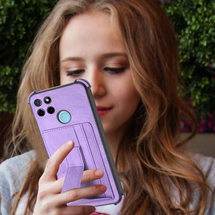 For OPPO Realme C21Y Dream PU + TPU Four-corner Shockproof Phone Back Cover Case with Card Slots & Holder