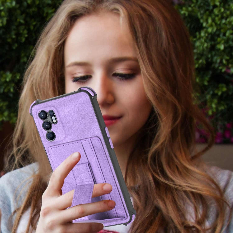 For OPPO Reno6 4G Dream PU + TPU Four-corner Shockproof Phone Back Cover Case with Card Slots & Holder