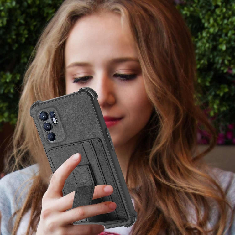 For OPPO Reno6 4G Dream PU + TPU Four-corner Shockproof Phone Back Cover Case with Card Slots & Holder