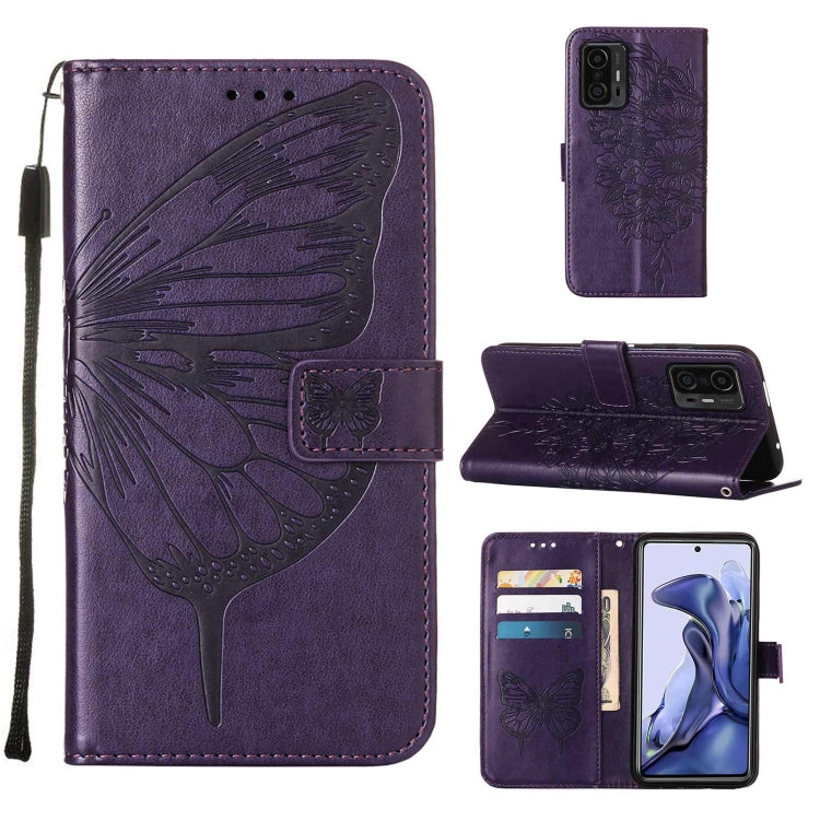 For Xiaomi Mi 11T 5G / 11T Pro 5G Embossed Butterfly Leather Phone Case with Holder & Card Slot & Wallet & Lanyard