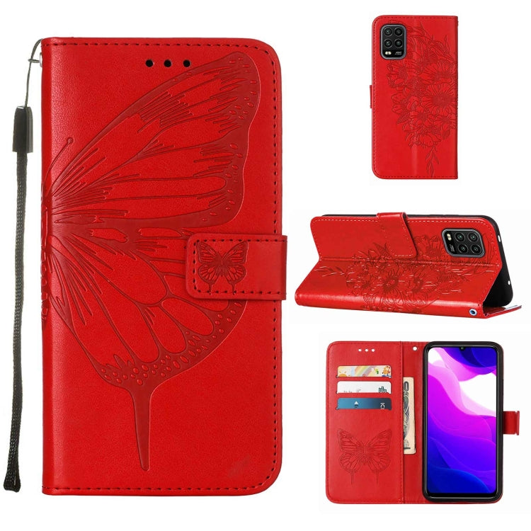 For Xiaomi Mi 10 5G / 10 Pro 5G Embossed Butterfly Leather Phone Case with Holder & Card Slot & Wallet & Lanyard