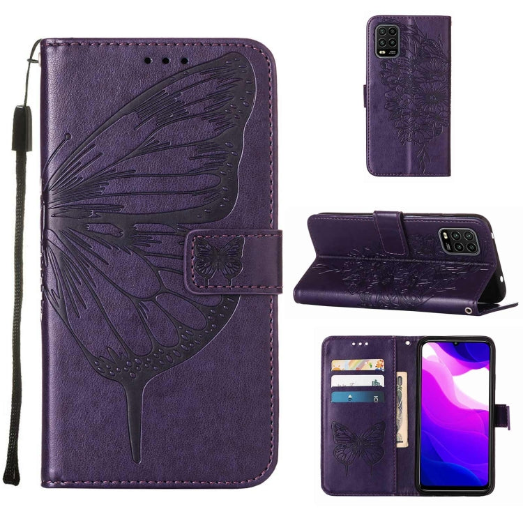 For Xiaomi Mi 10 5G / 10 Pro 5G Embossed Butterfly Leather Phone Case with Holder & Card Slot & Wallet & Lanyard
