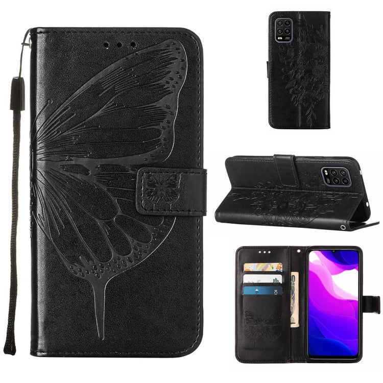 For Xiaomi Mi 10 5G / 10 Pro 5G Embossed Butterfly Leather Phone Case with Holder & Card Slot & Wallet & Lanyard