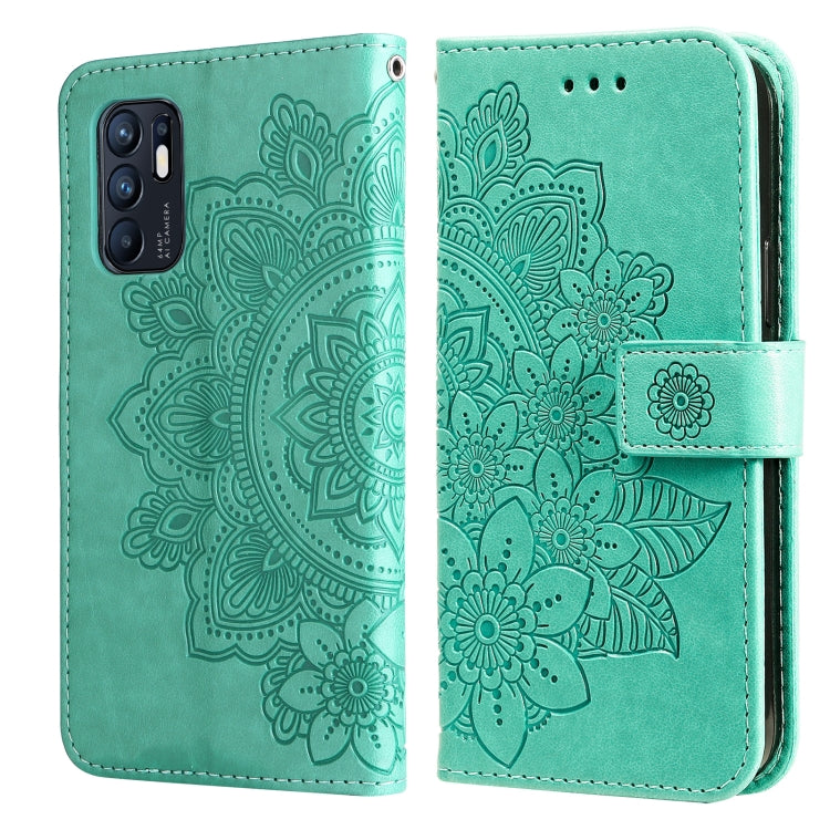 For OPPO Reno6 4G 7-petal Flowers Embossed Flip Leather Phone Case with Holder & Card Slots