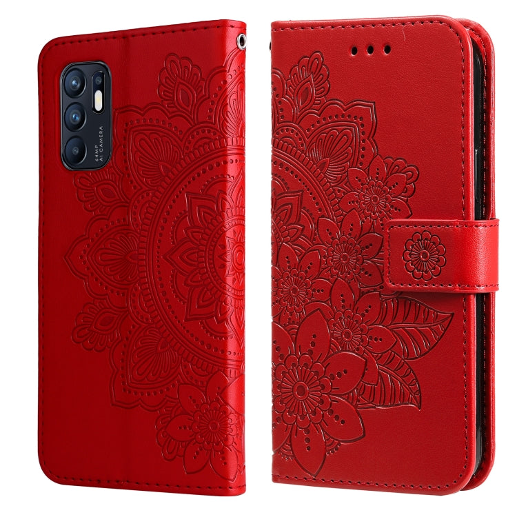 For OPPO Reno6 4G 7-petal Flowers Embossed Flip Leather Phone Case with Holder & Card Slots
