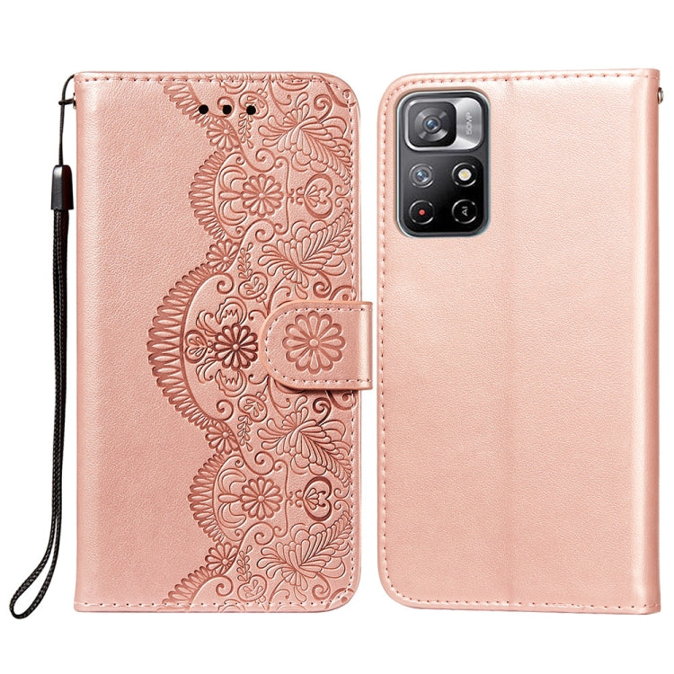 For Xiaomi Redmi Note 11 Flower Vine Embossing Pattern Horizontal Flip Leather Phone Case with Card Slot & Holder & Wallet & Lanyard