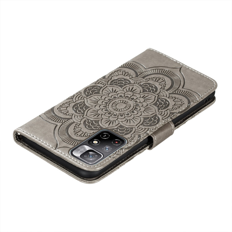 For Xiaomi Redmi Note 11 Sun Mandala Embossing Pattern Phone Leather Case with Holder & Card Slots & Wallet & Lanyard