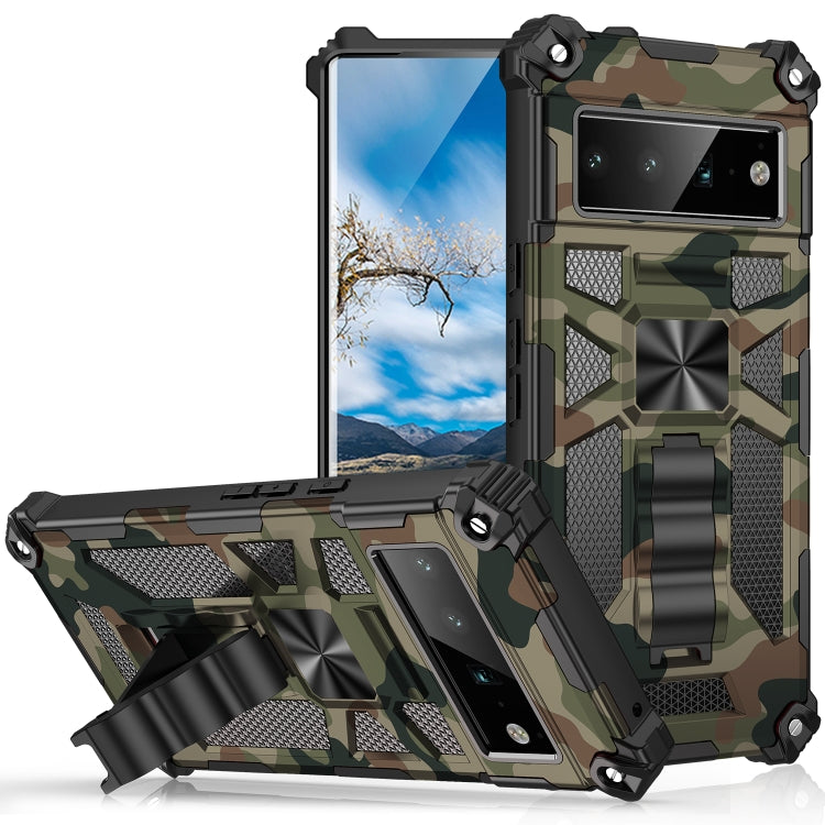 For Google Pixel 6 Pro Camouflage Armor Shockproof TPU + PC Magnetic Phone Case with Holder
