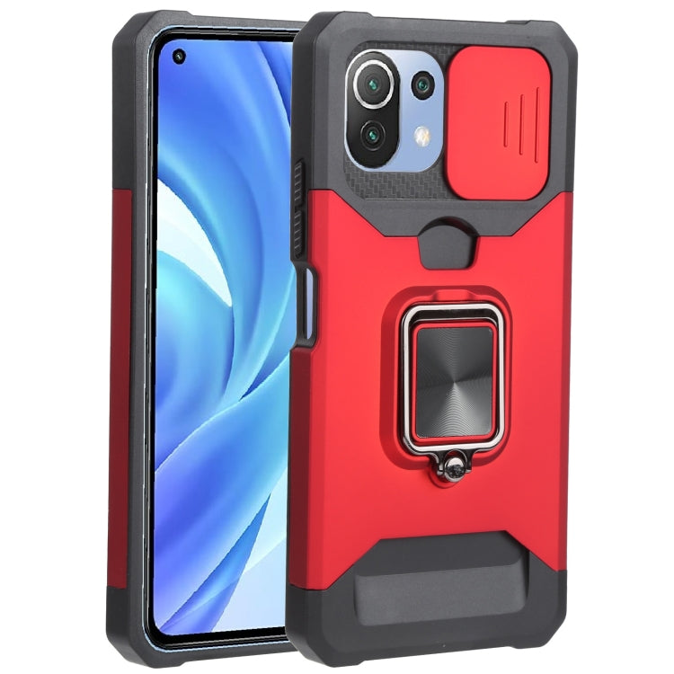 For Xiaomi Mi 11 Lite Sliding Camera Cover Design PC + TPU Shockproof Phone Case with Ring Holder & Card Slot