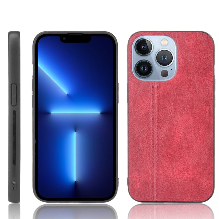 For iPhone 13 Pro Max Sewing Cow Leather Soft PC Case