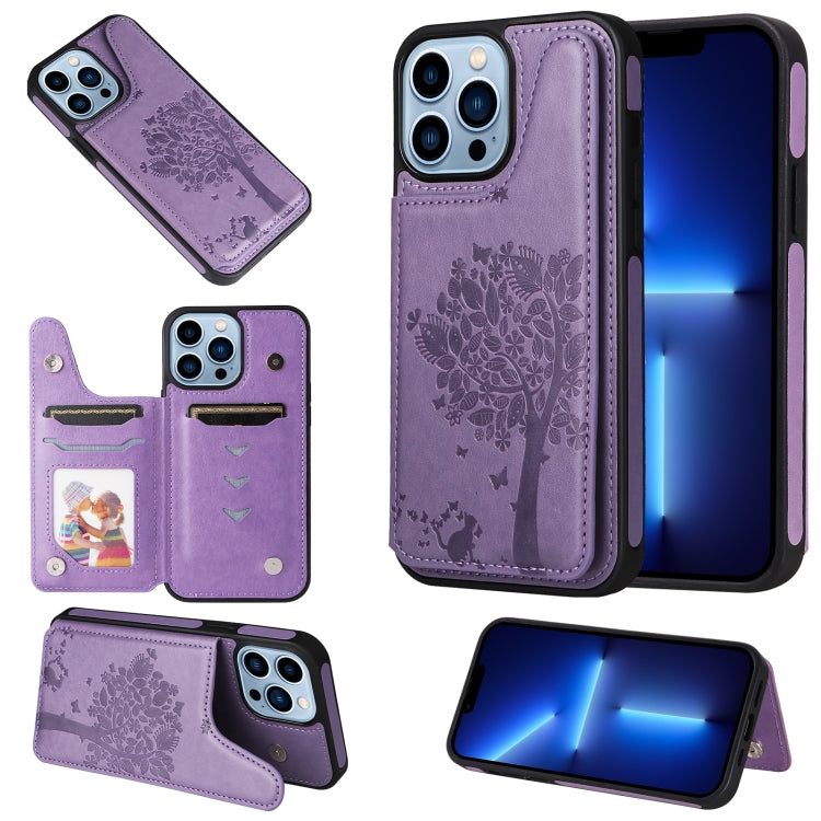 For iPhone 13 Pro Max Cat Tree Embossing Pattern Shockproof Phone Case