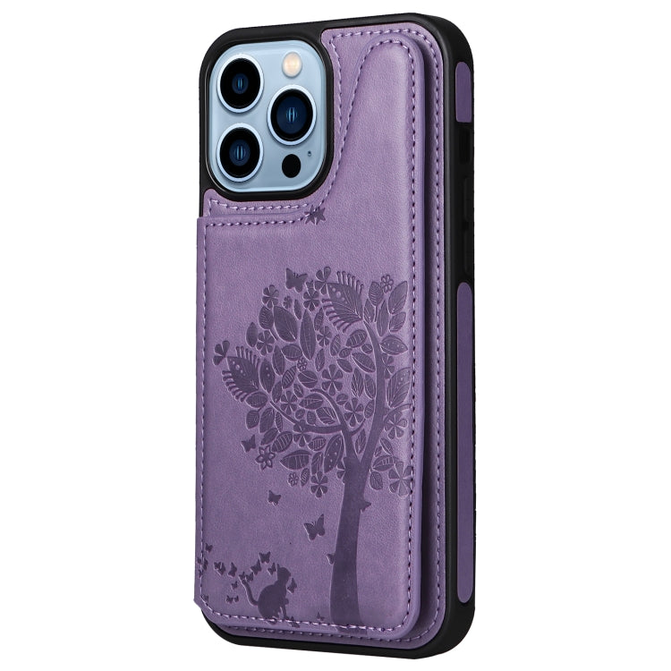 For iPhone 13 Pro Max Cat Tree Embossing Pattern Shockproof Phone Case