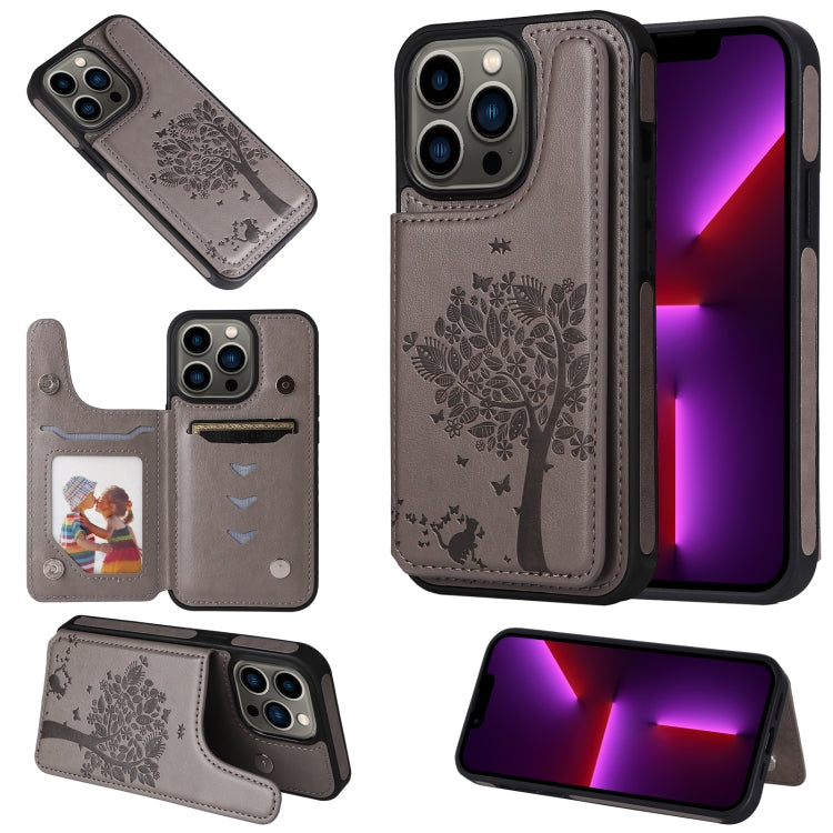 For iPhone 13 Pro Cat Tree Embossing Pattern Shockproof Phone Case