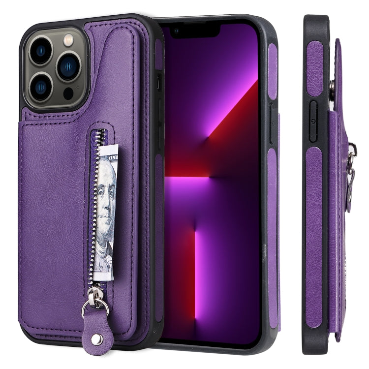 For iPhone 13 Pro Max Solid Color Double Buckle Zipper Shockproof Phone Case