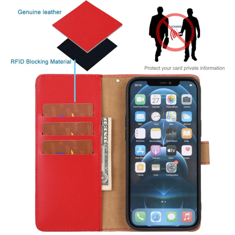 For iPhone 12 Pro Max Plain Weave Cowhide Genuine Leather Phone Case