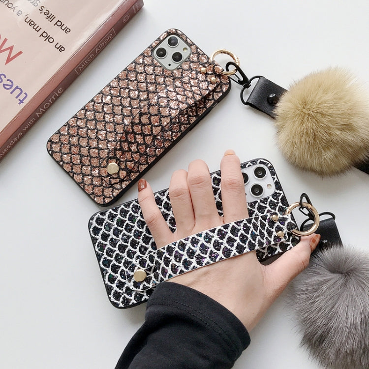 For iPhone 11 Pro Hairball Gem Pattern Glitter Powder TPU Case with Wristband