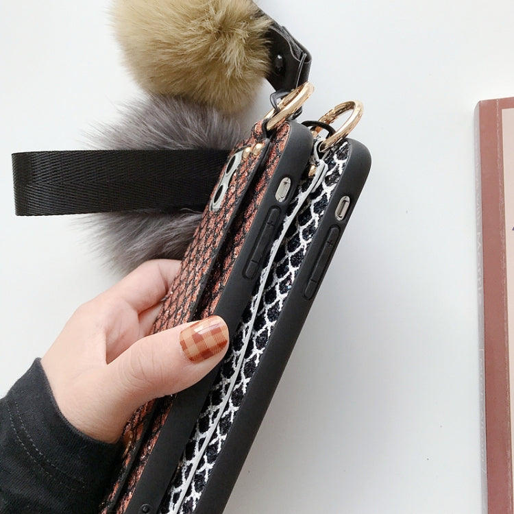 For iPhone 11 Pro Max Hairball Gem Pattern Glitter Powder TPU Case with Wristband