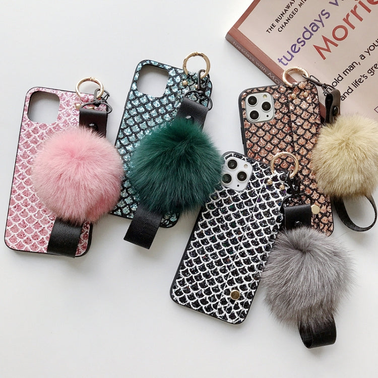 For iPhone 11 Hairball Gem Pattern Glitter Powder TPU Case with Wristband
