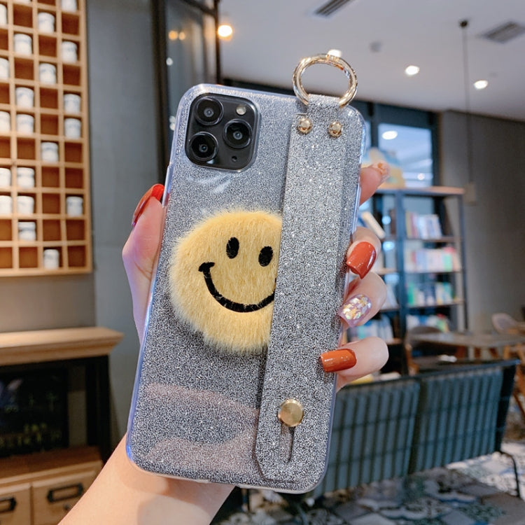 For iPhone 11 Pro Max Smiley Glitter Powder TPU Case with Wristband