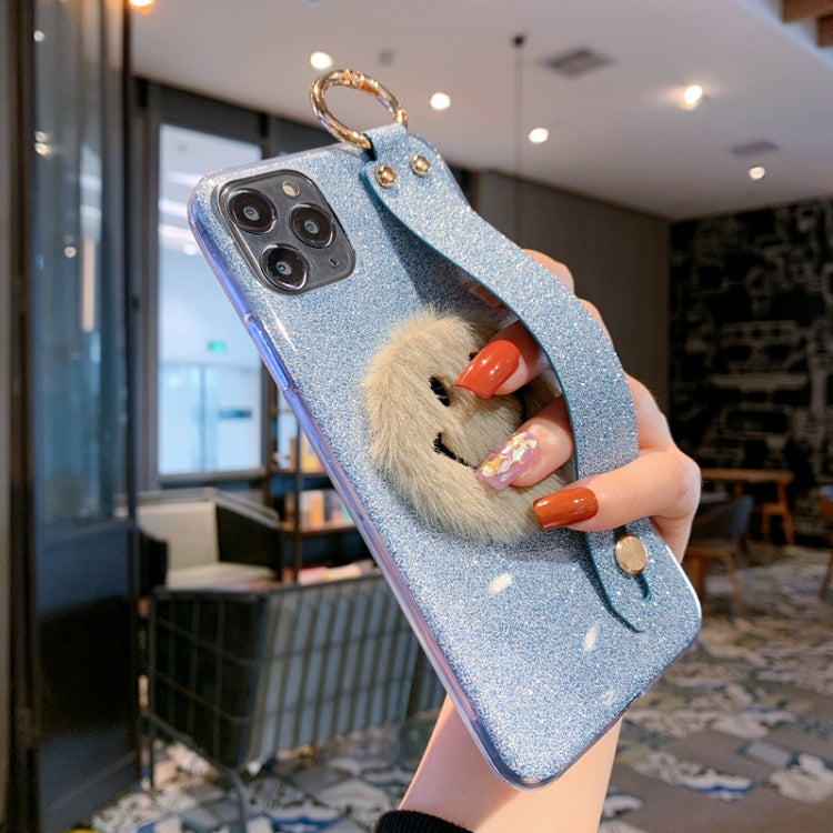 For iPhone 11 Pro Max Smiley Glitter Powder TPU Case with Wristband