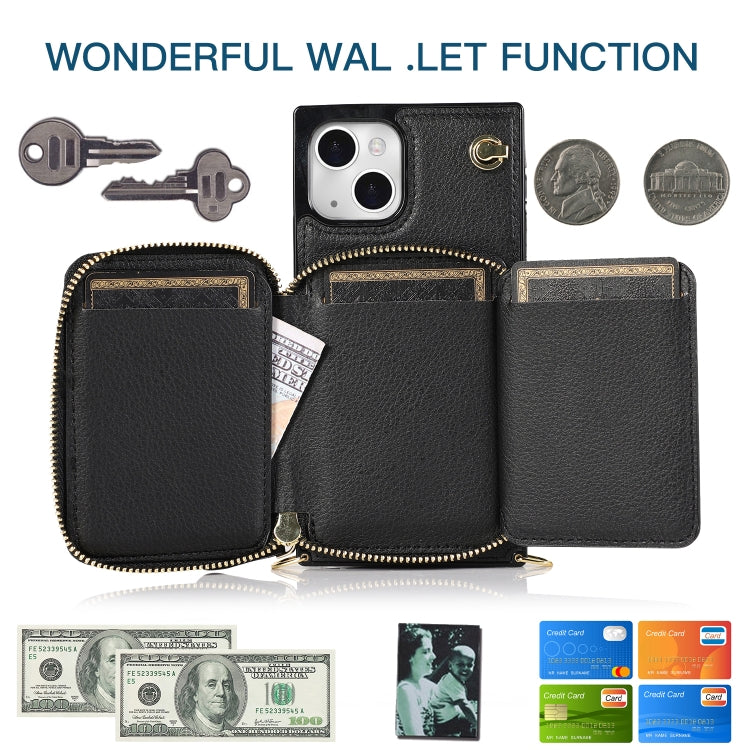 For iPhone 13 Cross-body Zipper Big Wallet Bag Square TPU + PU Back Phone Case with Holder