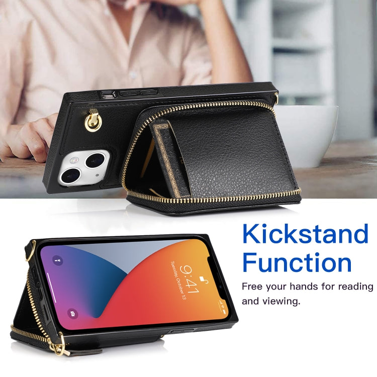 For iPhone 13 Cross-body Zipper Big Wallet Bag Square TPU + PU Back Phone Case with Holder