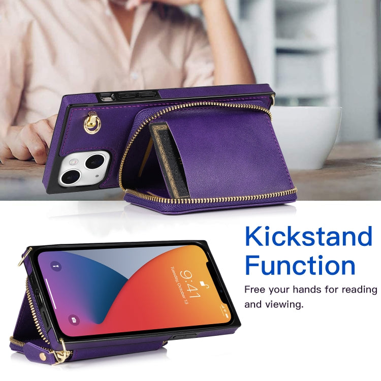 For iPhone 13 Cross-body Zipper Big Wallet Bag Square TPU + PU Back Phone Case with Holder