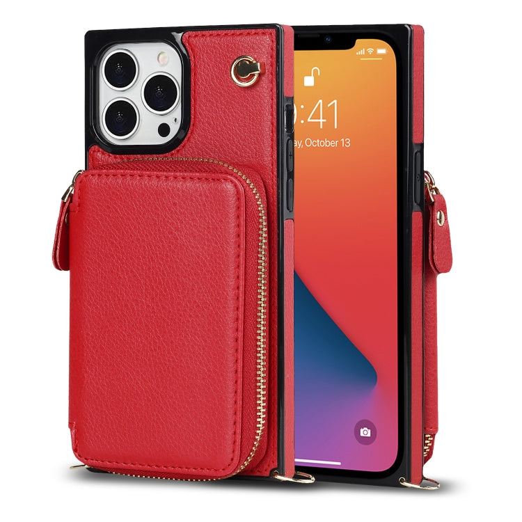 For iPhone 13 Pro Cross-body Zipper Big Wallet Bag Square TPU + PU Back Phone Case with Holder