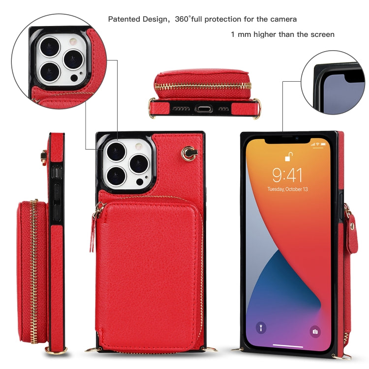 For iPhone 13 Pro Cross-body Zipper Big Wallet Bag Square TPU + PU Back Phone Case with Holder