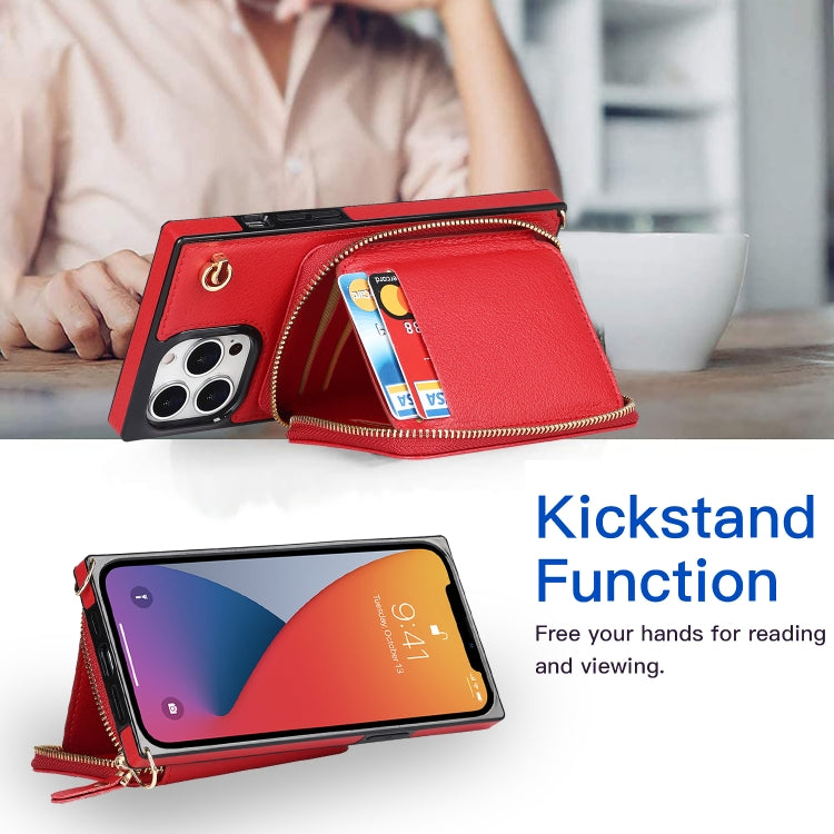 For iPhone 13 Pro Cross-body Zipper Big Wallet Bag Square TPU + PU Back Phone Case with Holder